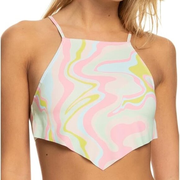 Roxy Tankini Swim Top Womens Large Pink Printed Stretch Cropped Swimwear NWT - Picture 1 of 9